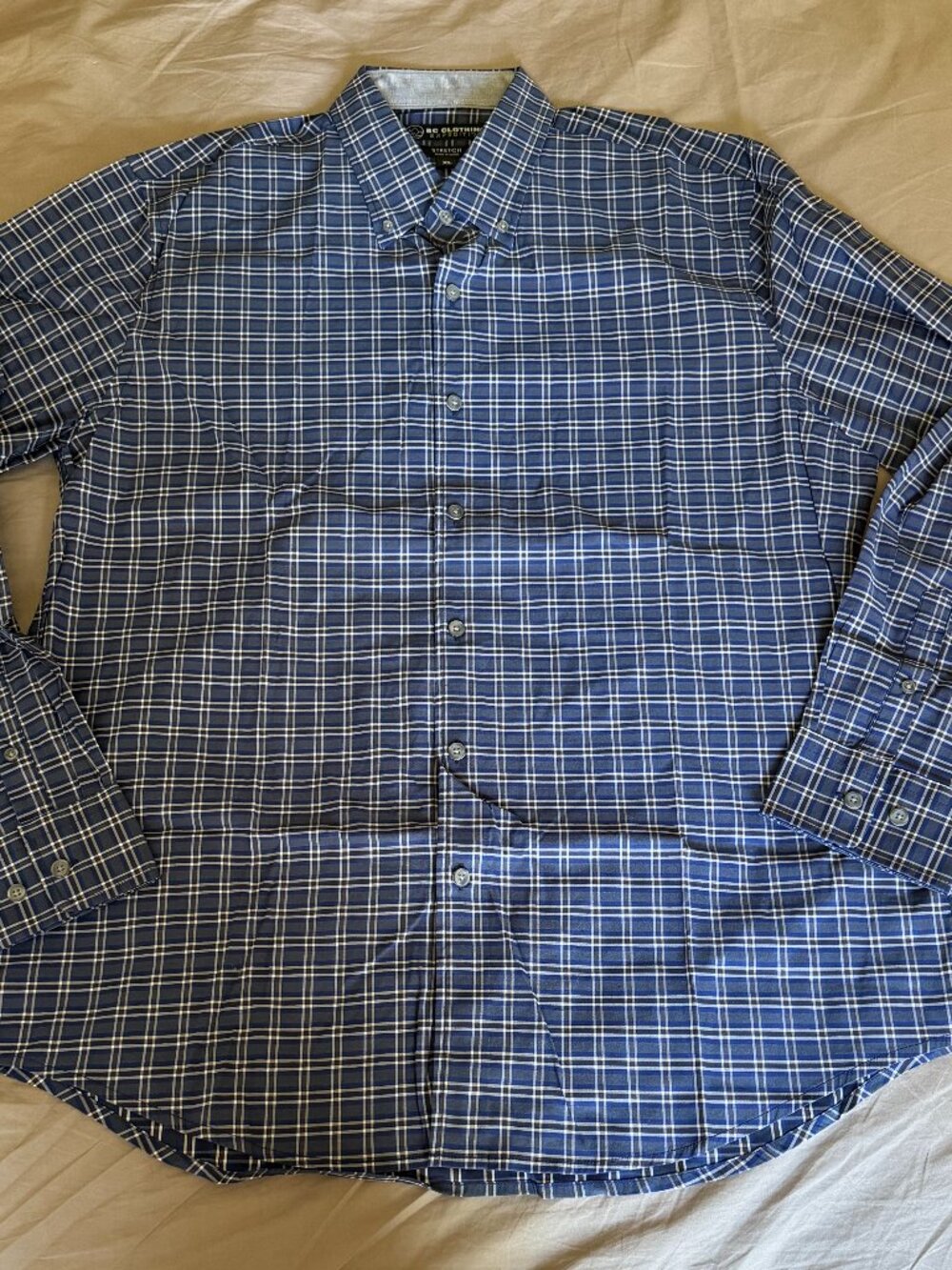 BC Clothing Expedition Mens XL Long Sleeve Plaid Button Down Stretch Shirt Blue